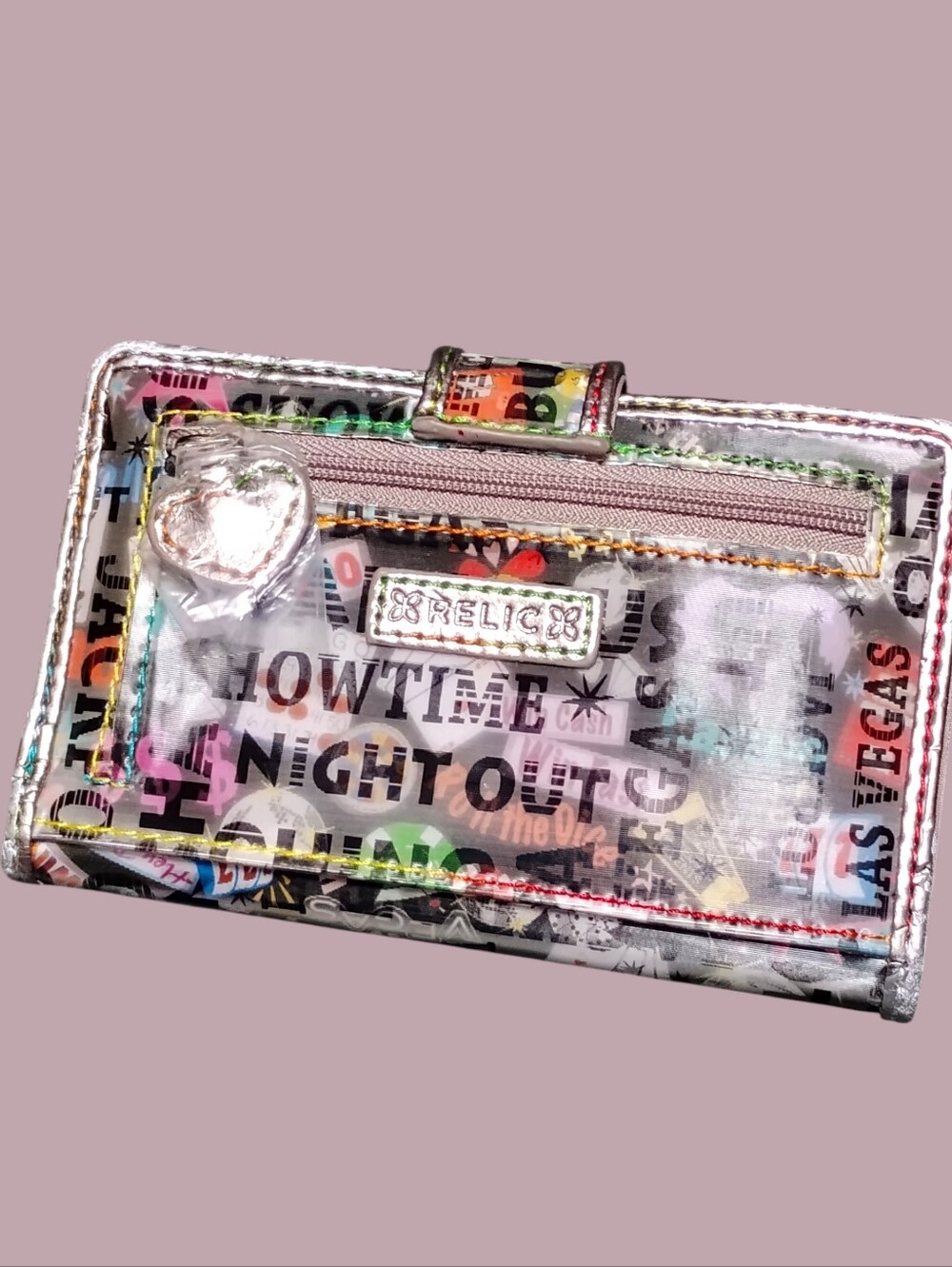 Relic Changing Hologram Las Vegas Graphic Zip Tri Fold Wallet with Heart Charm - Picture 4 of 12